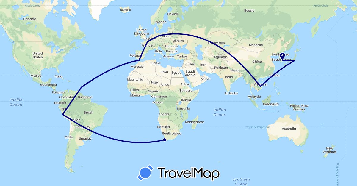 TravelMap itinerary: driving in Barbados, Germany, Spain, France, Japan, South Korea, Peru, Vietnam, South Africa (Africa, Asia, Europe, North America, South America)